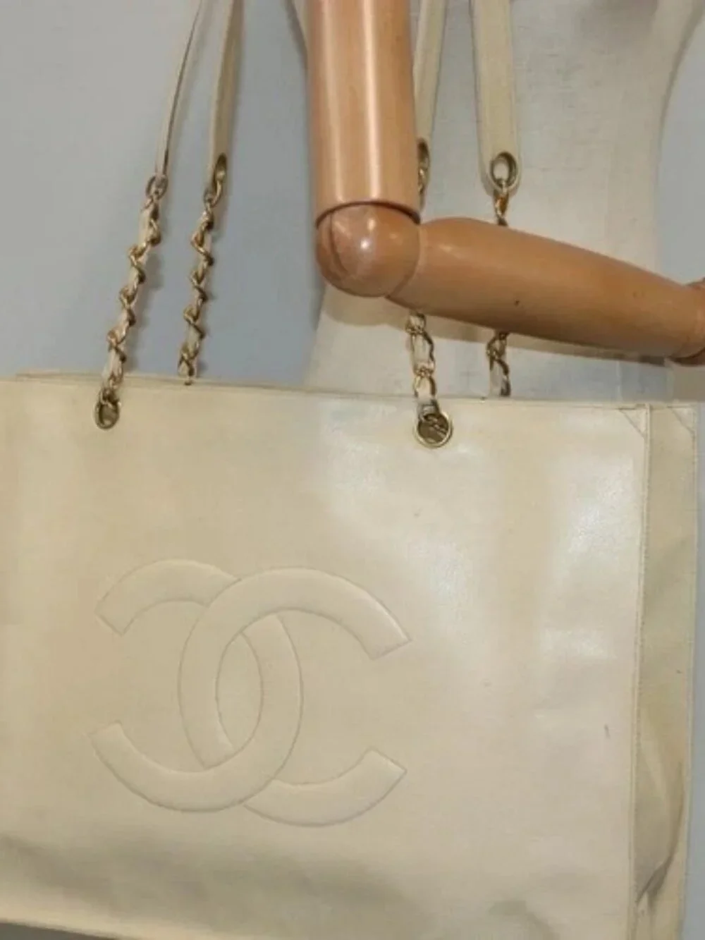 CHANEL COCO Mark Chain Tote Bag Grained Calf Skin Beige Gold CC Auth bs18886